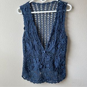 Vintage fairy core dark blue floral buttoned crochet vest